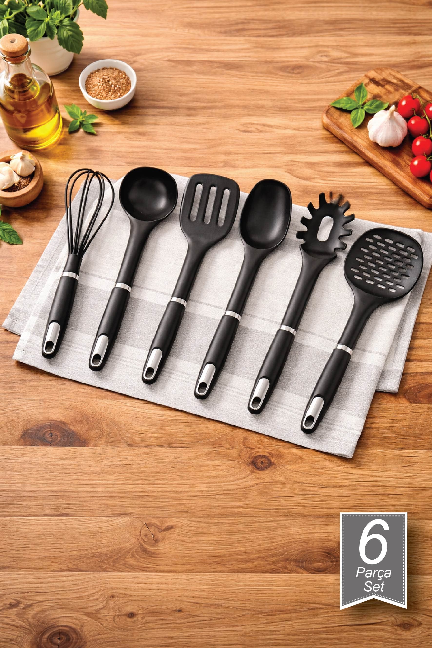 6 Parça Krom Detaylı Siyah Servis Seti Çırpıcı Kepçe Kevgir Kaşık Spatula Makarna Kaşığı