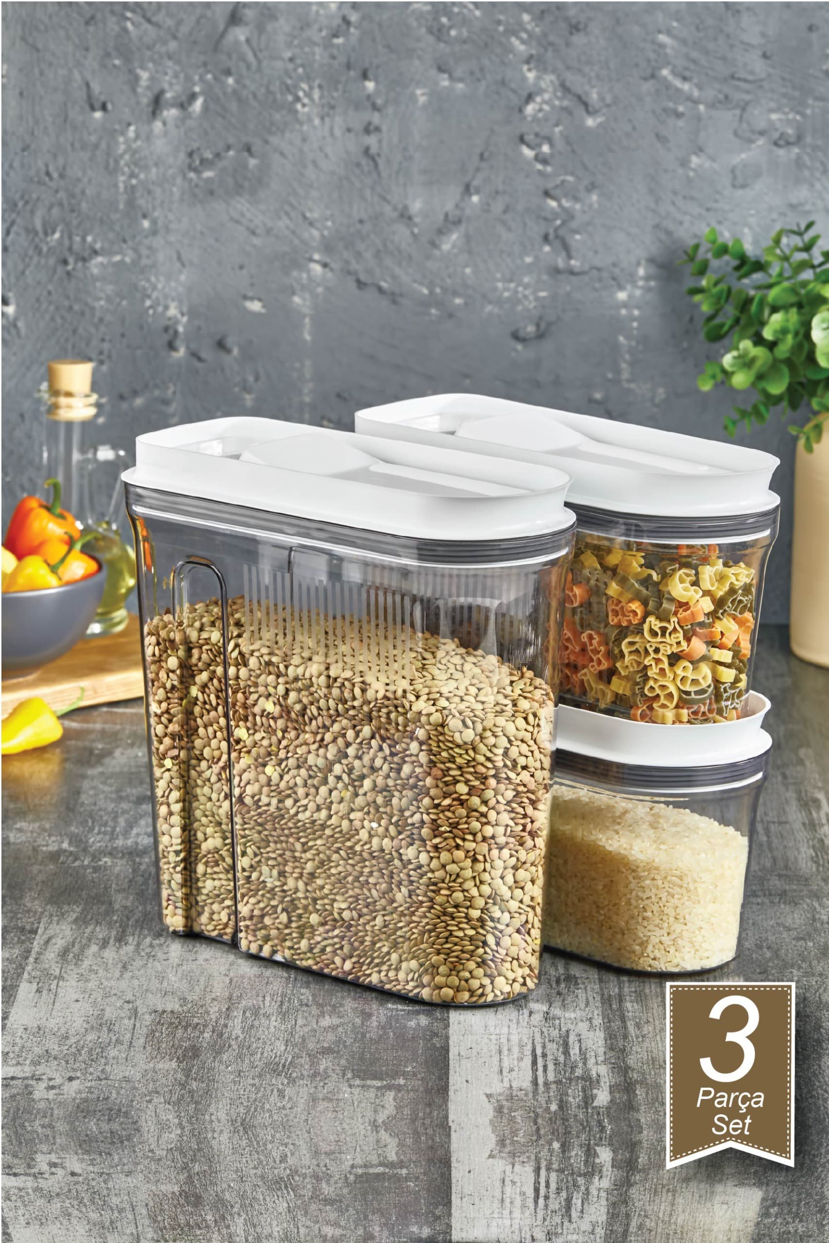 Lüks Erzak Saklama Kabı 3'lü Set Şeffaf Füme (4 Lt+2 Lt+2 Lt)