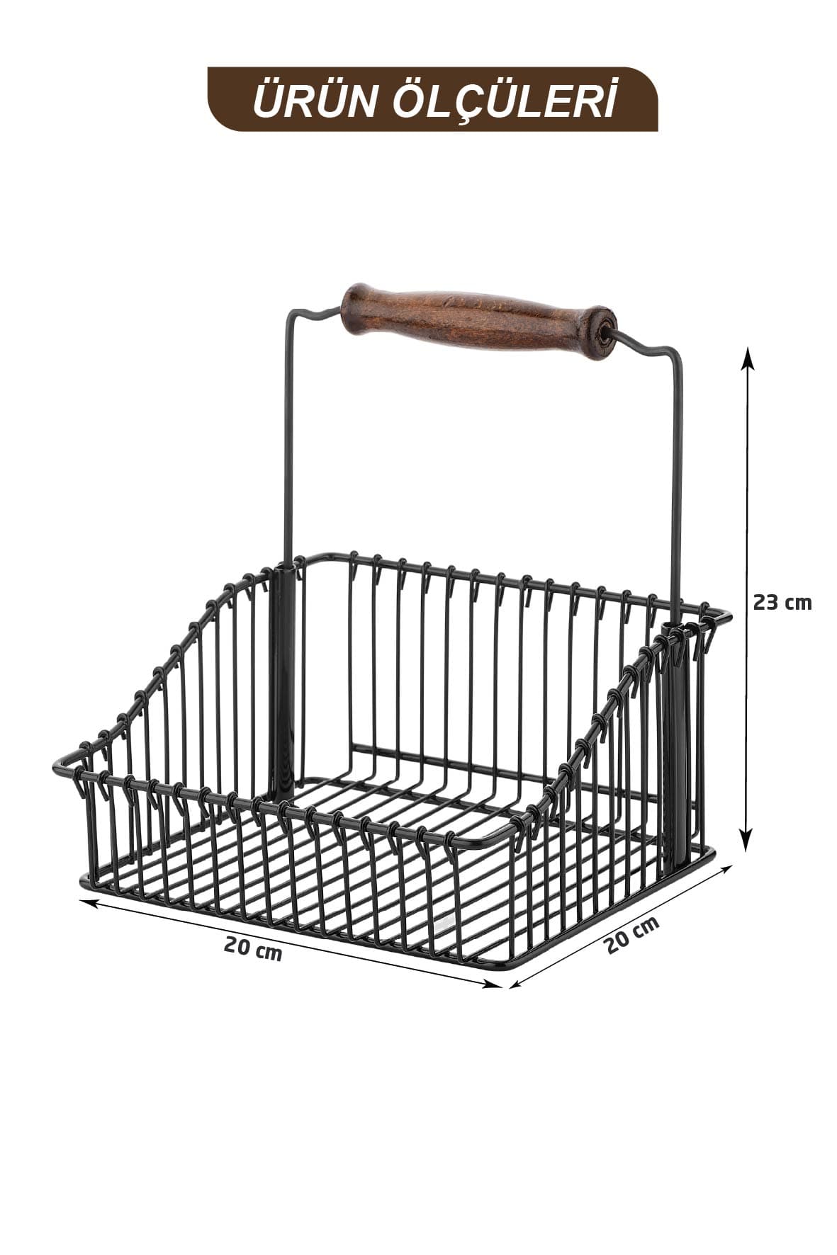 Siyah Metal Çok Amaçlı Düzenleyici Sepet Ahşap Saplı  20x20 cm