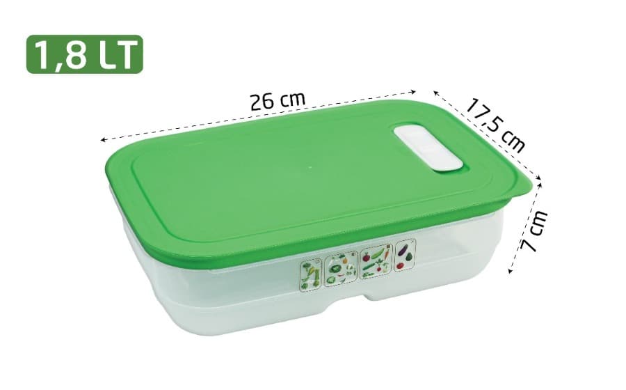 Sebze, Meyve ve Yeşillik Saklama Kabı 1,.8 LT Hava Kanallı Buzdolabı Saklama Kabı