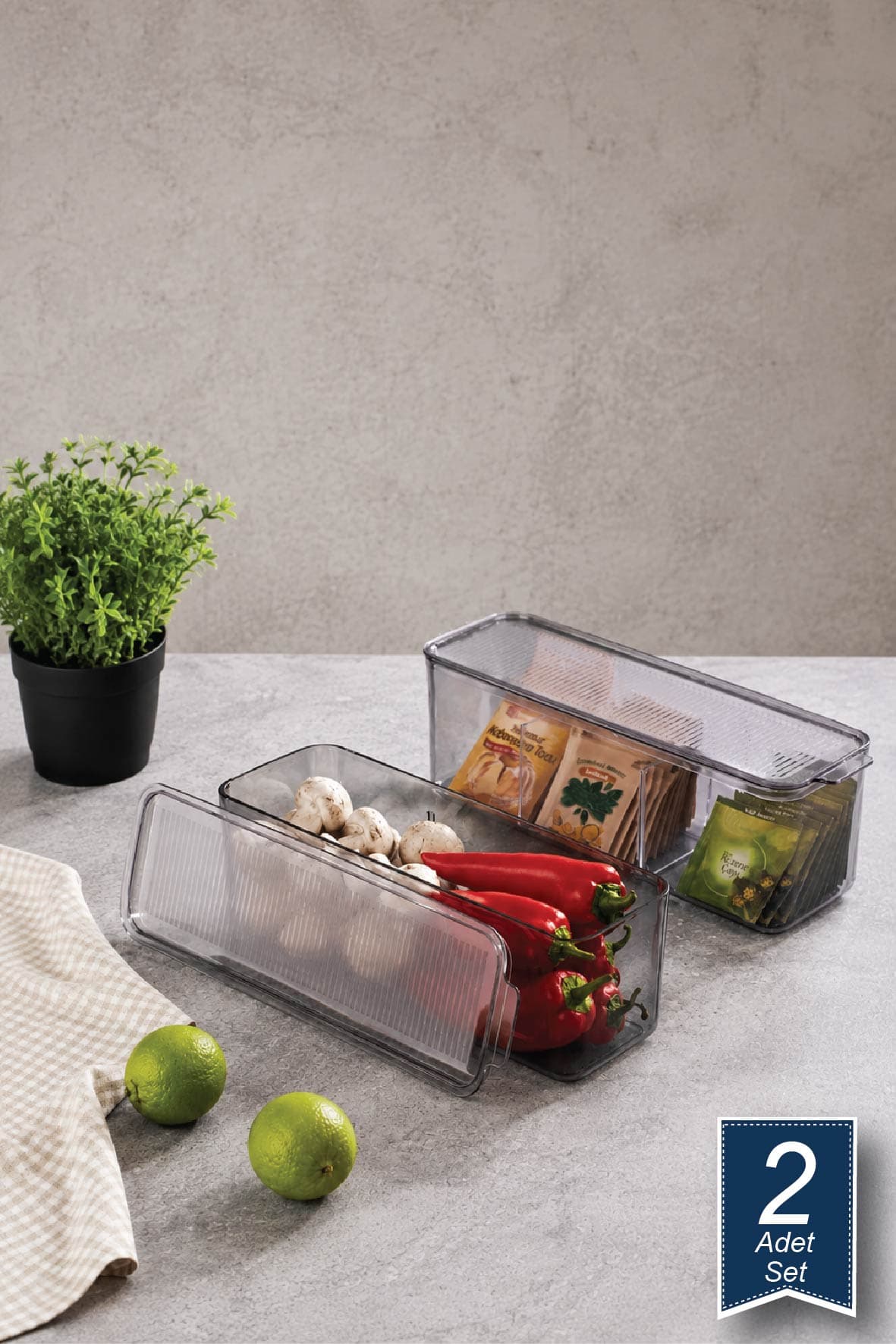 Mina Organizer Plastik Raf Seperatörlü Düzenleme Saklama Kutusu , Şeffaf Füme (Kapaklı) 2*2500 ml