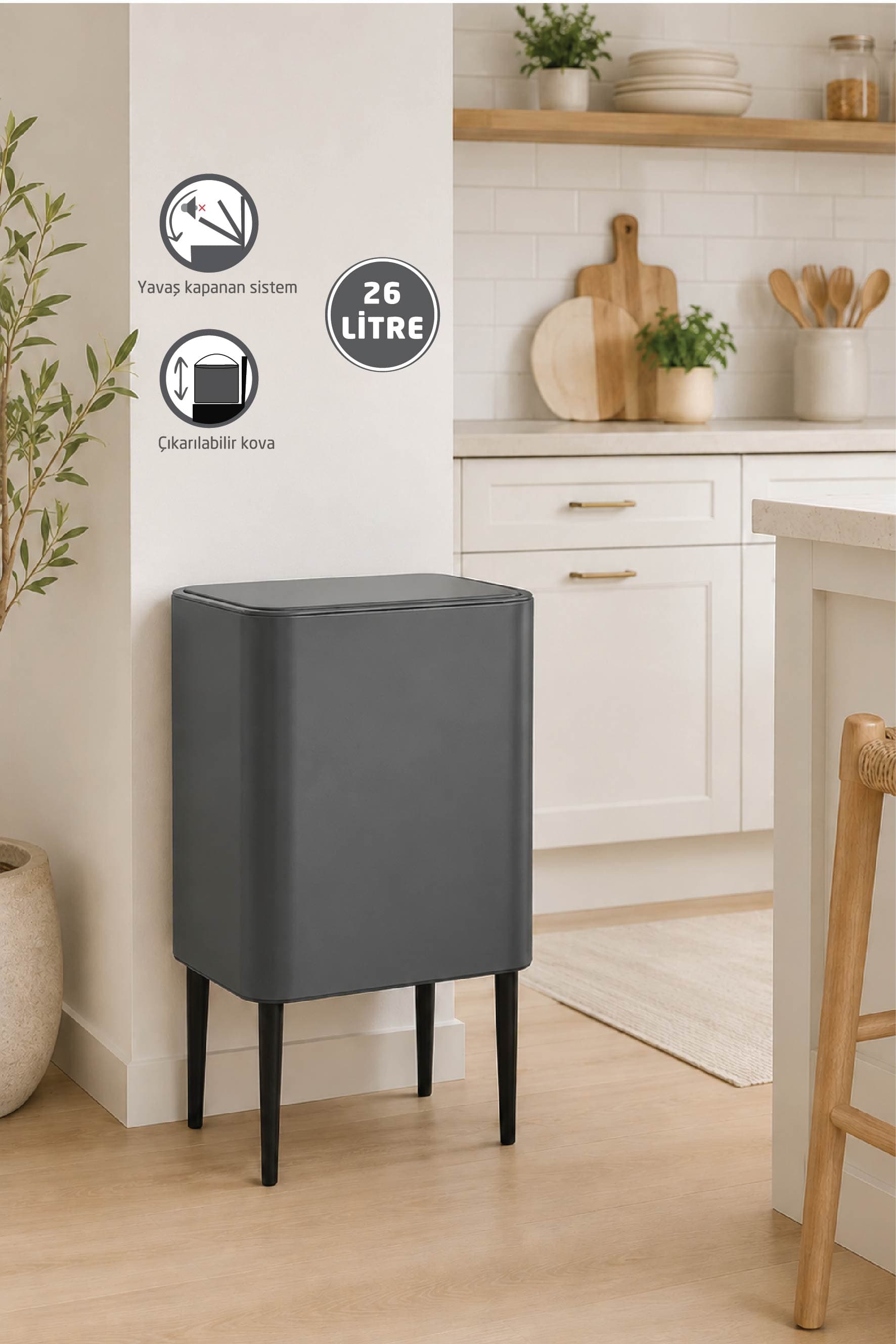 NOVA Dokunmatik Çöp Kovası 26 Litre Mat Gri | Çift Bölmeli Metal Mutfak Çöp Kovası