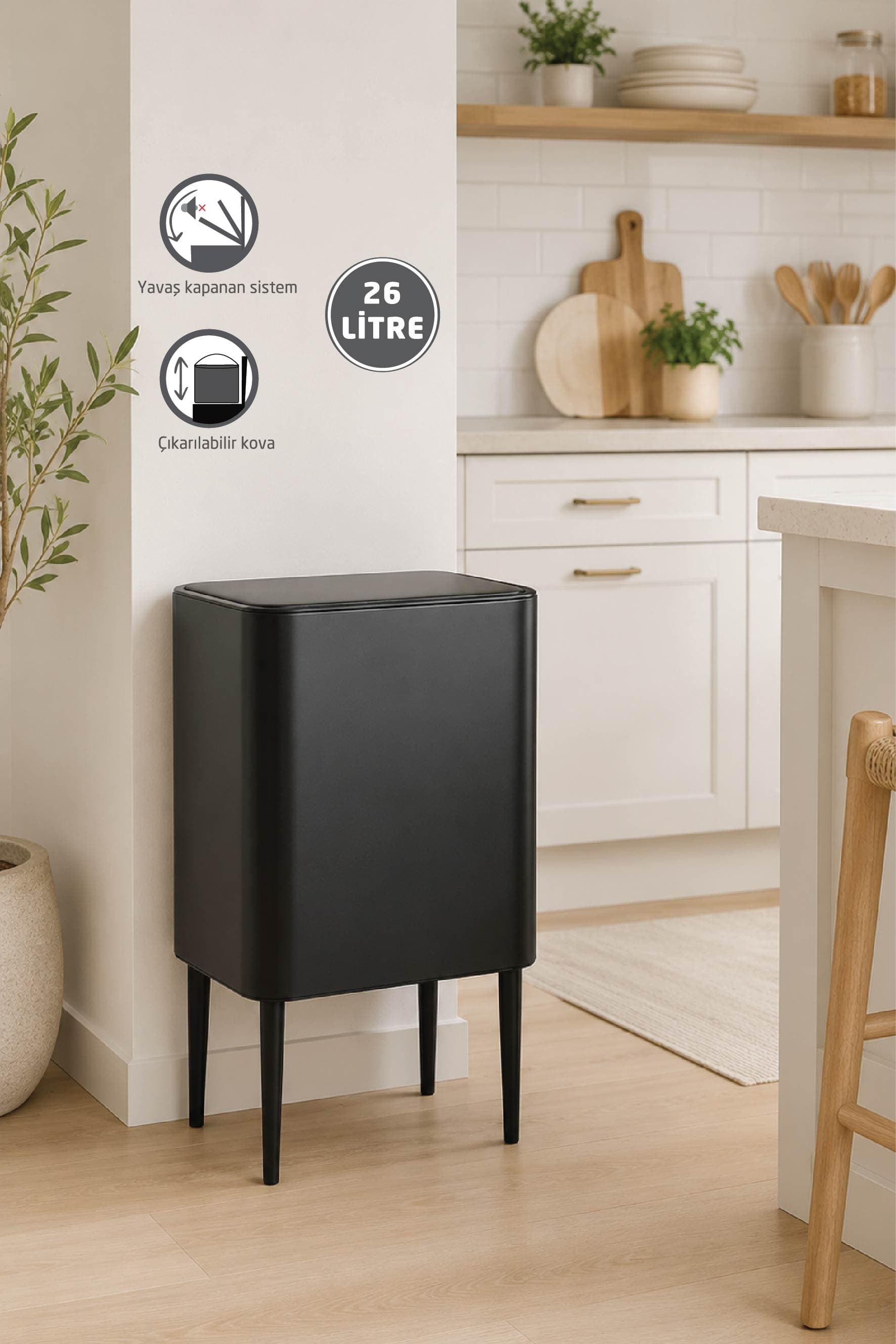 NOVA Dokunmatik Çöp Kovası 26 Litre Mat Siyah | Çift Bölmeli Metal Mutfak Çöp Kovası