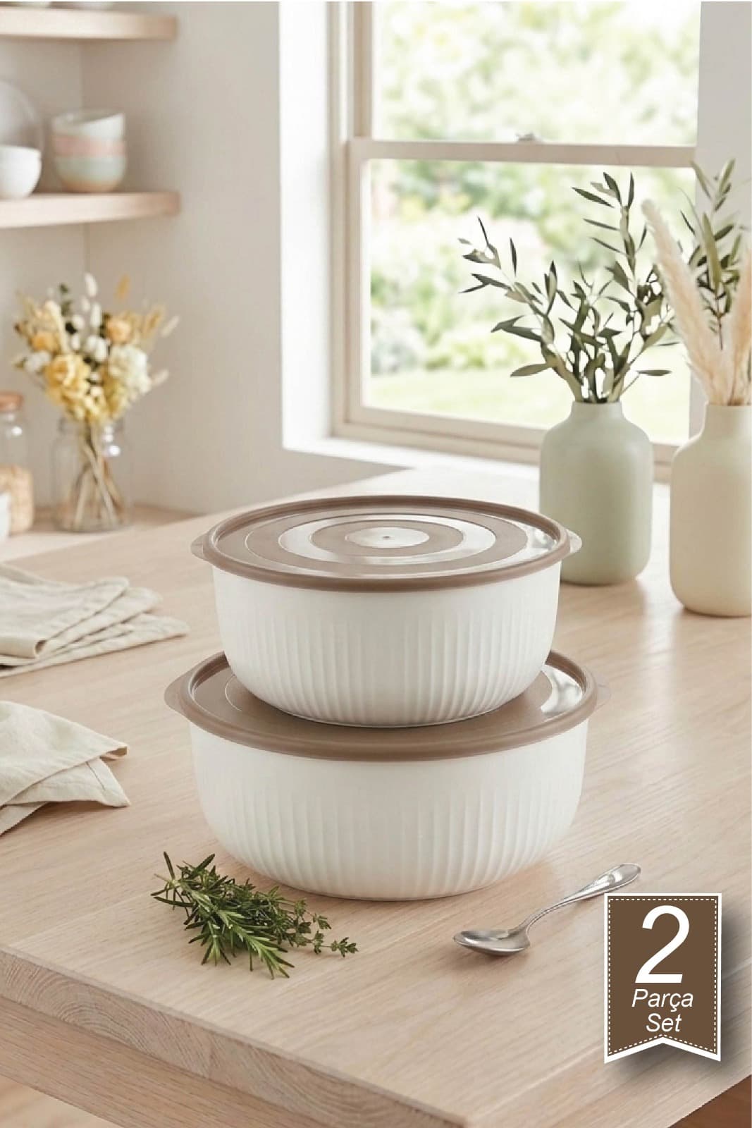 2'li Vakumlu Saklama Kabı Seti 11.5 Lt+8 Lt Kumsal Renk