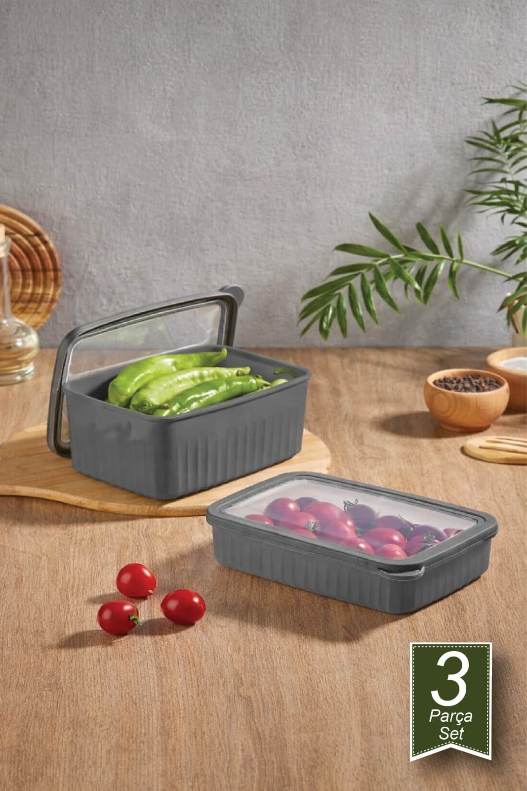 Vakumlu Saklama Kabı Dikdörtgen Derin Büyük 1*4.2 Lt Sıg 2*2.1 Lt Gri