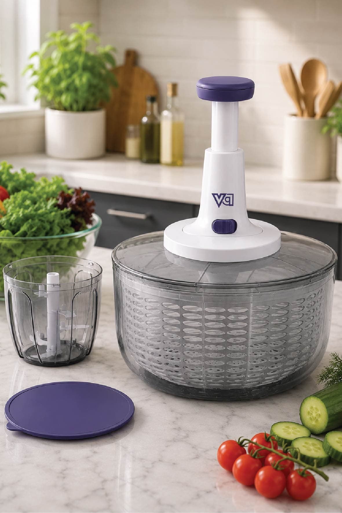 Chef 5 Bıçaklı Manuel Rondo 900 ML & Salata Kurutucusu - Meyve , Yeşillik, Sebze Yıkama ve Kurutma Kabı 6 L Seti