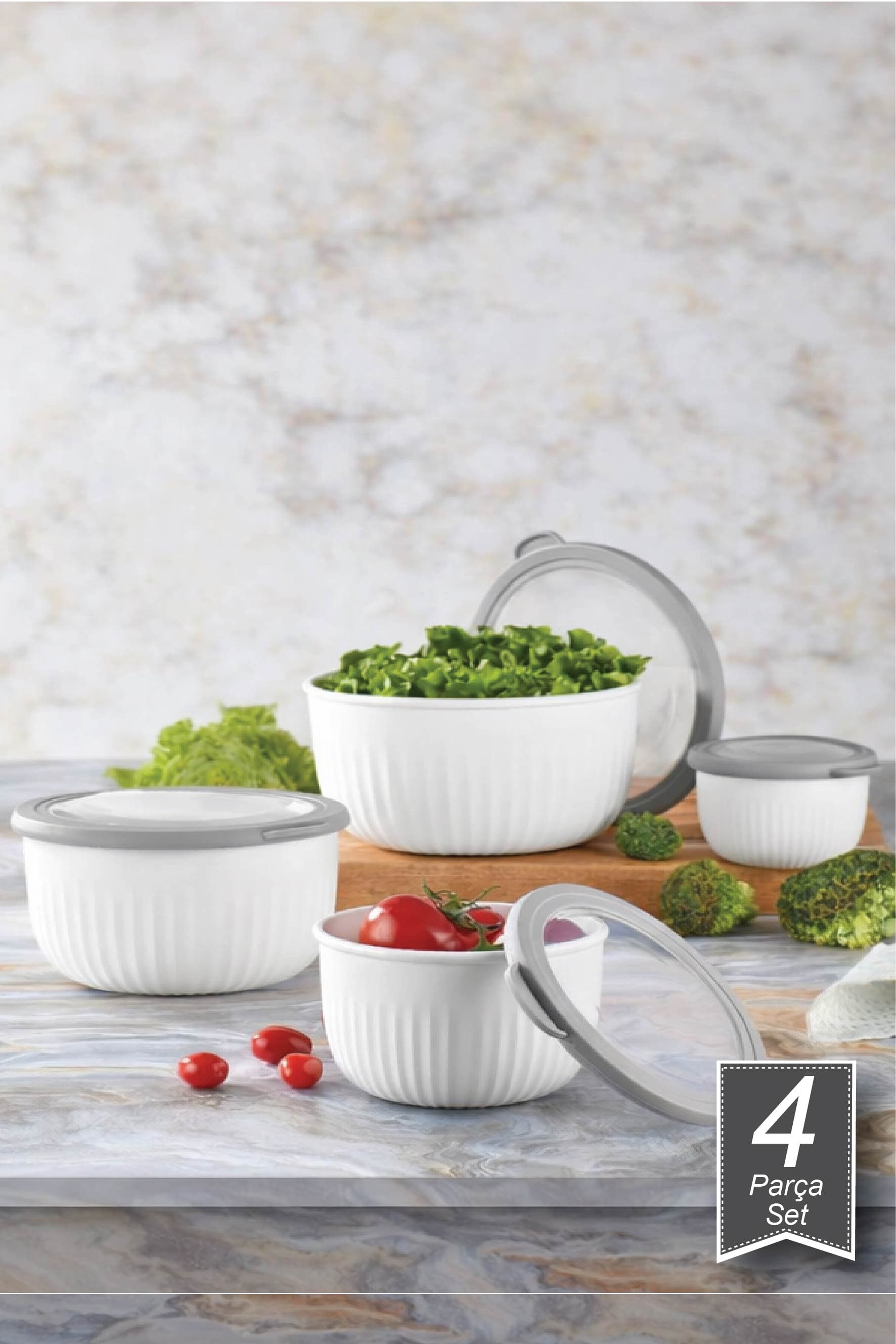 Vakumlu Beyaz Saklama Kabı 4'lü 3 L 2 L 1 L 0,5 L (ÇEYİZ SETİ)