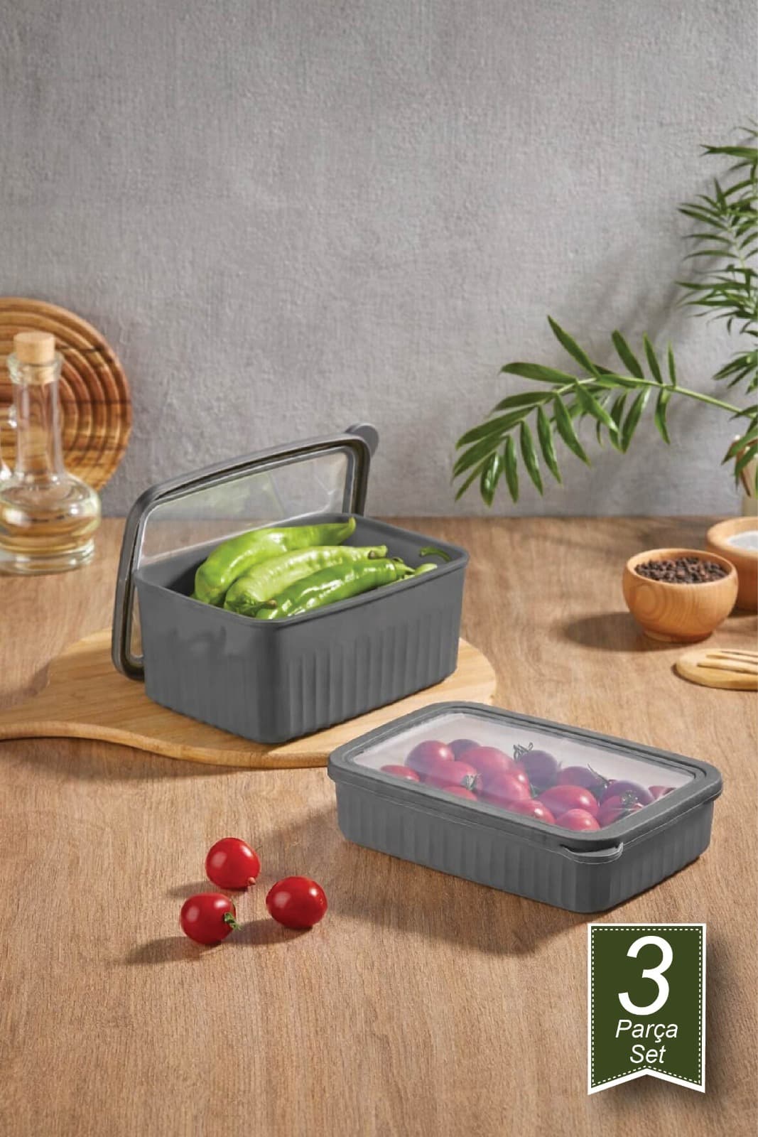 Vakumlu Saklama Kabı Dikdörtgen Derin Küçük 1*2.7 Lt Sıg+2*1.5 Lt Gri