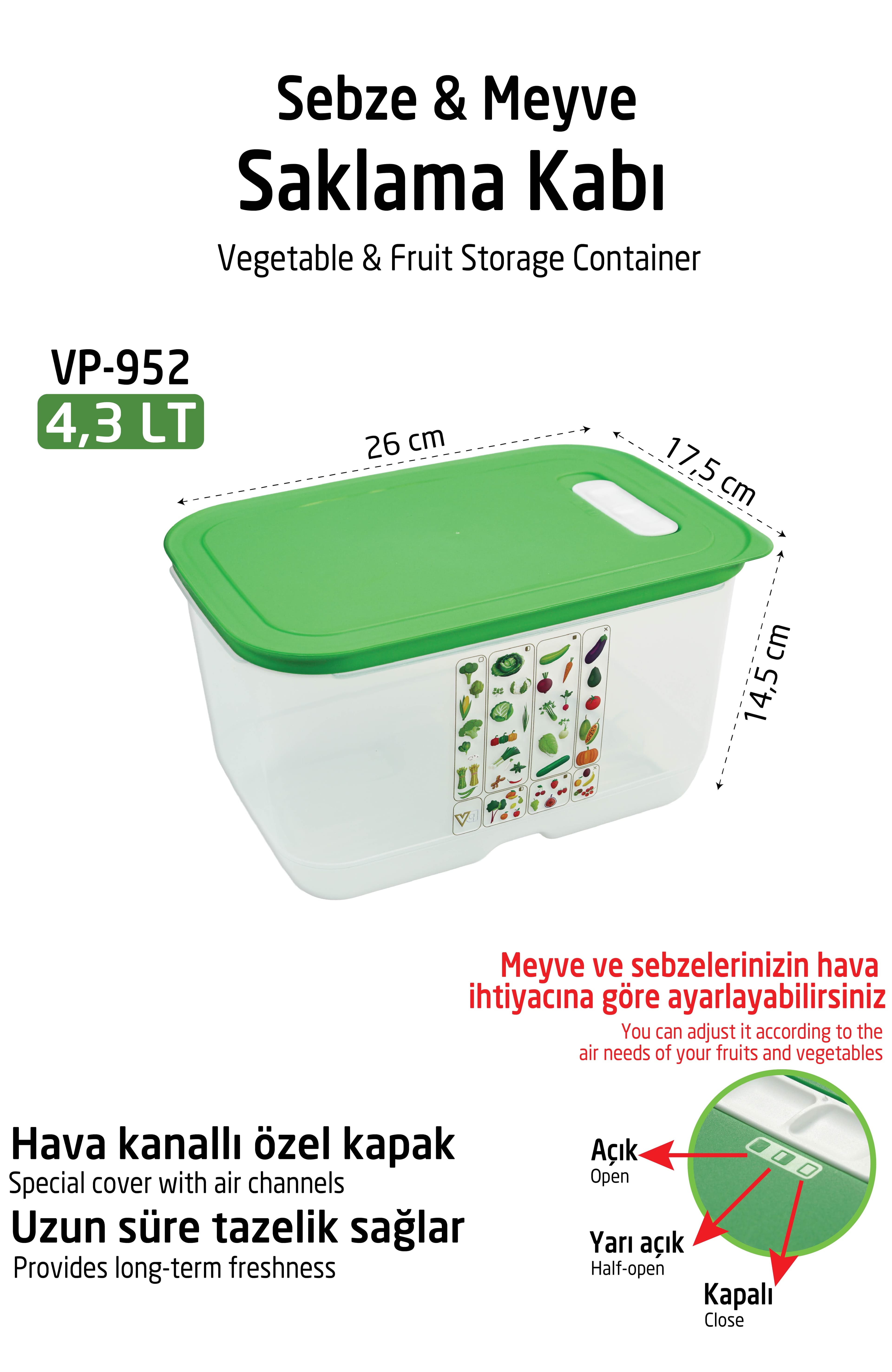 Sebze, Meyve ve Yeşillik Saklama Kabı 4,3 LT Hava Kanallı Buzdolabı Saklama Kabı