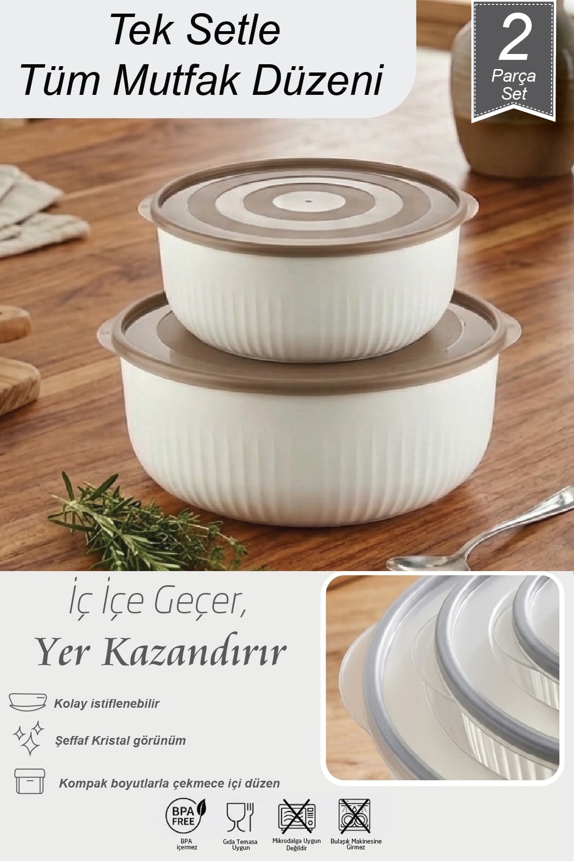 2'li Vakumlu Saklama Kabı Seti 11.5 Lt+8 Lt Kumsal Renk