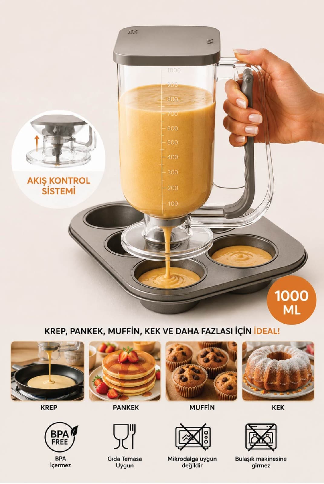 Hamur Dağıtıcı ,Porsiyonlayıcı ve Şekillendirici 1000 ml Pankek Dökme Aparatı