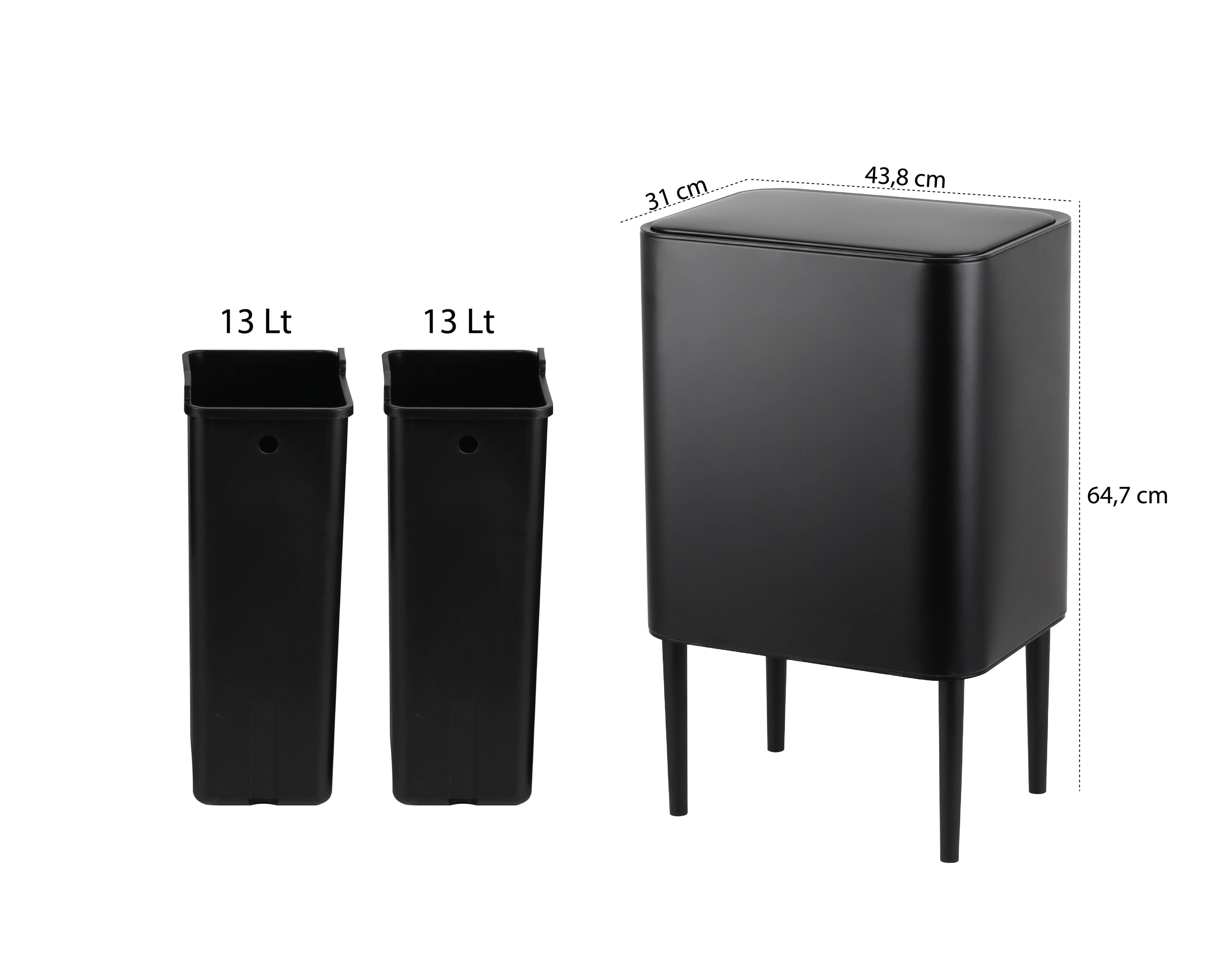 NOVA Dokunmatik Çöp Kovası 26 Litre Mat Siyah | Çift Bölmeli Metal Mutfak Çöp Kovası