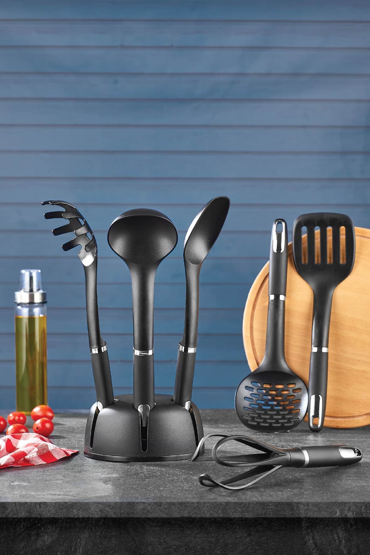 6 Parça Standlı Füme Detaylı Siyah Servis Seti Çırpıcı Kepçe Kevgir Kaşık Spatula Makarna Kaşığı
