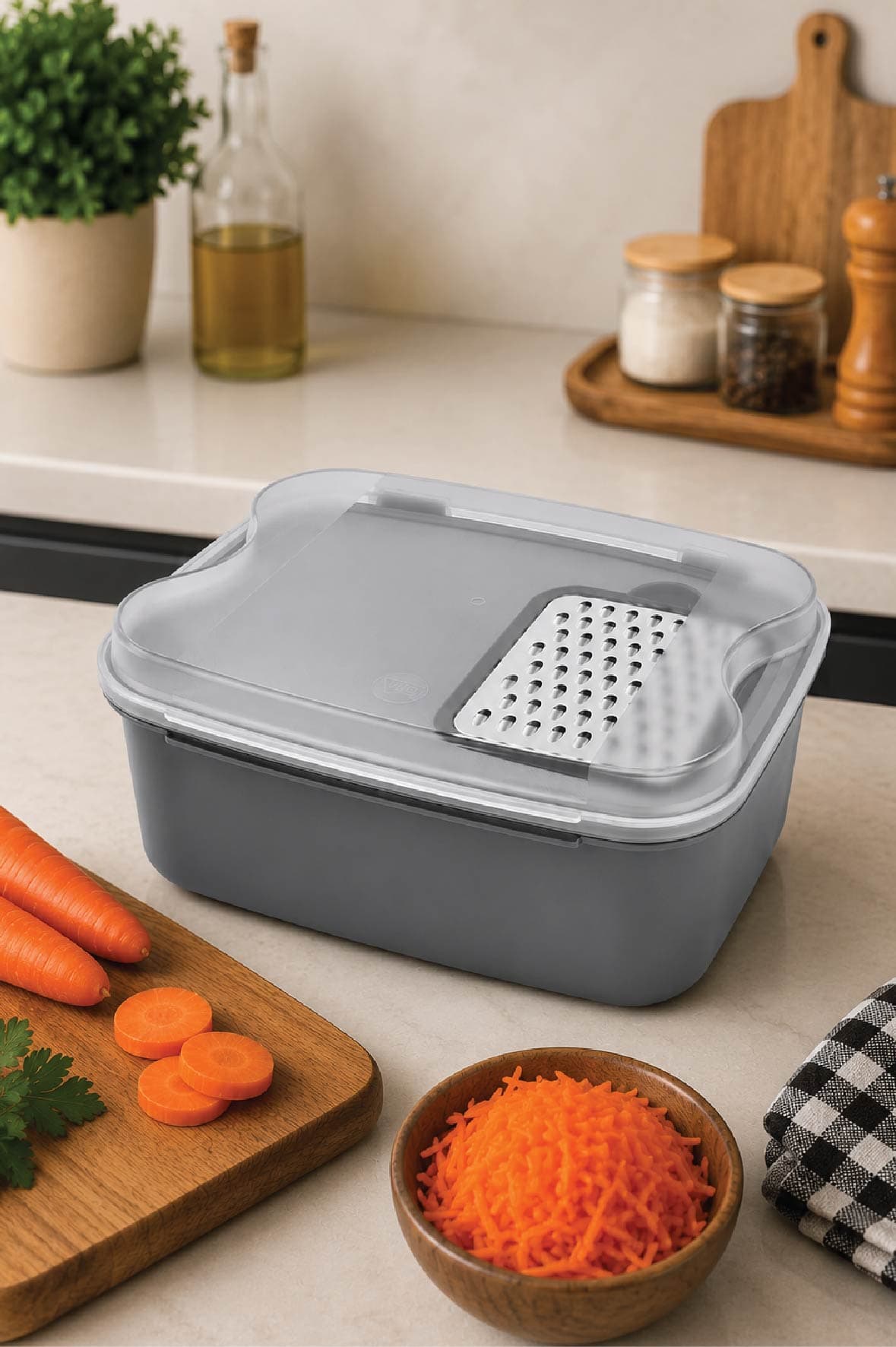 Masal 4500 ml Çok Amaçlı Rendeli Saklama Kabı & Kesim Tahtası Füme