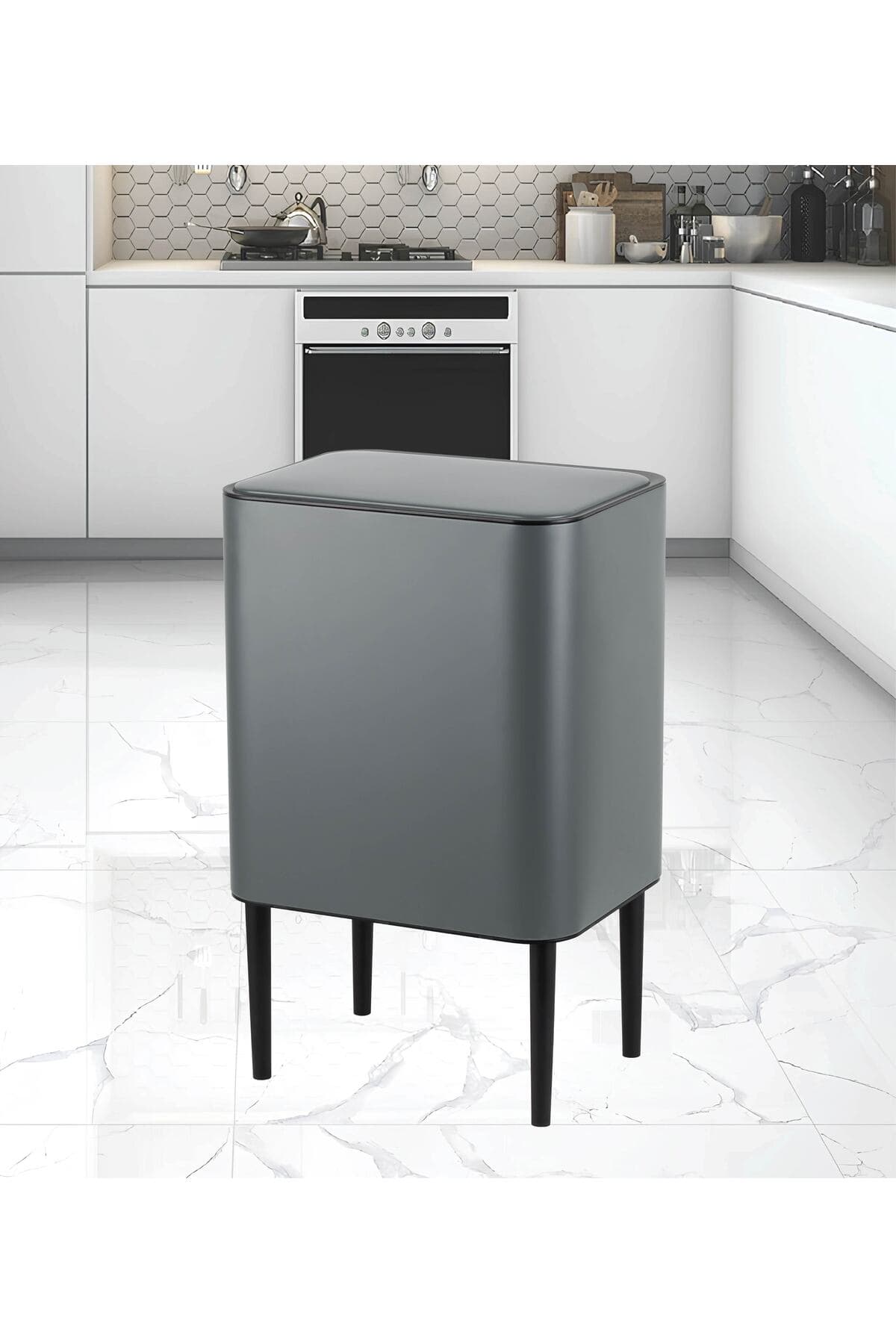 NOVA Dokunmatik Çöp Kovası 26 Litre Mat Gri | Çift Bölmeli Metal Mutfak Çöp Kovası