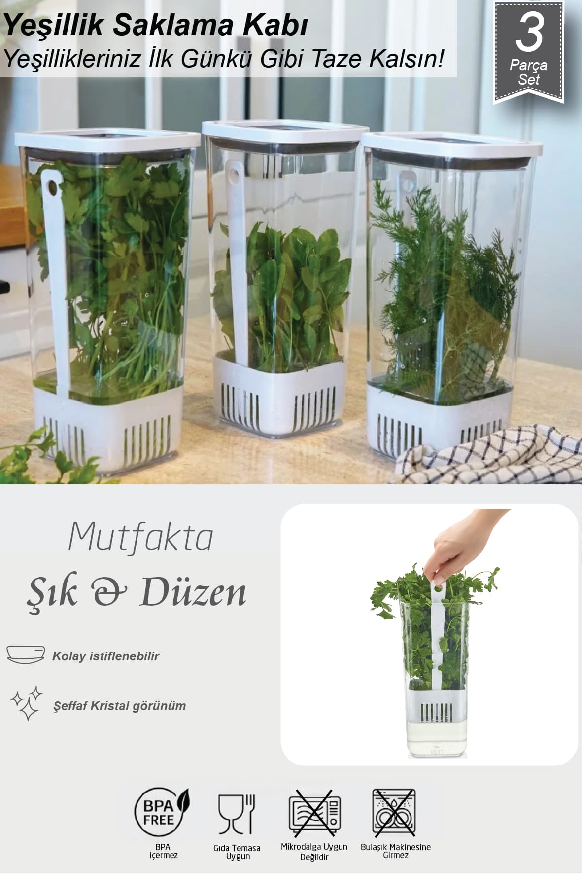 3'lü Kare Yeşillik Saklama Kabı Seti 3*1700 ml