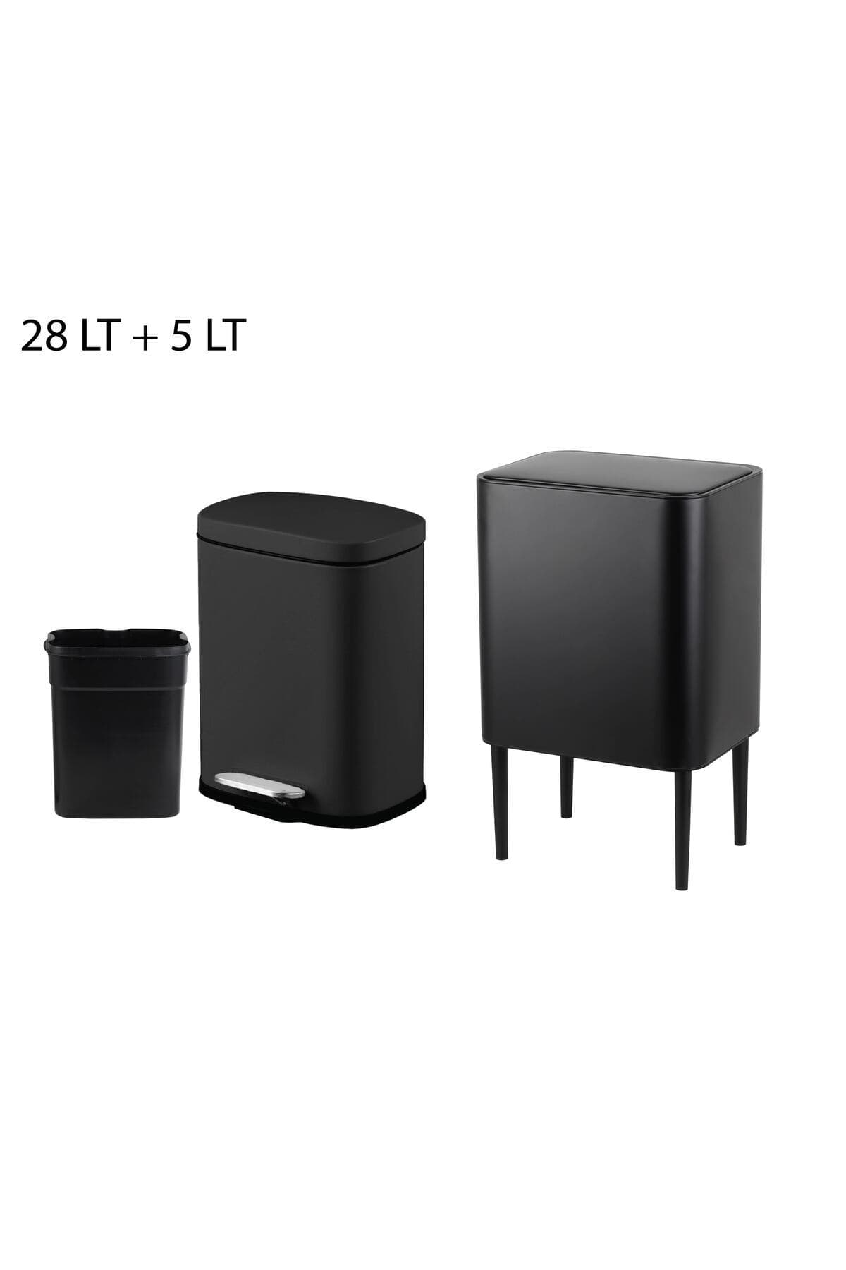 NOVA 28 Lt Dokunmatik Çöp Kovası + 5 Lt Pedallı Çöp Kovası Mat Siyah | Metal Mutfak Çöp Kovası Seti